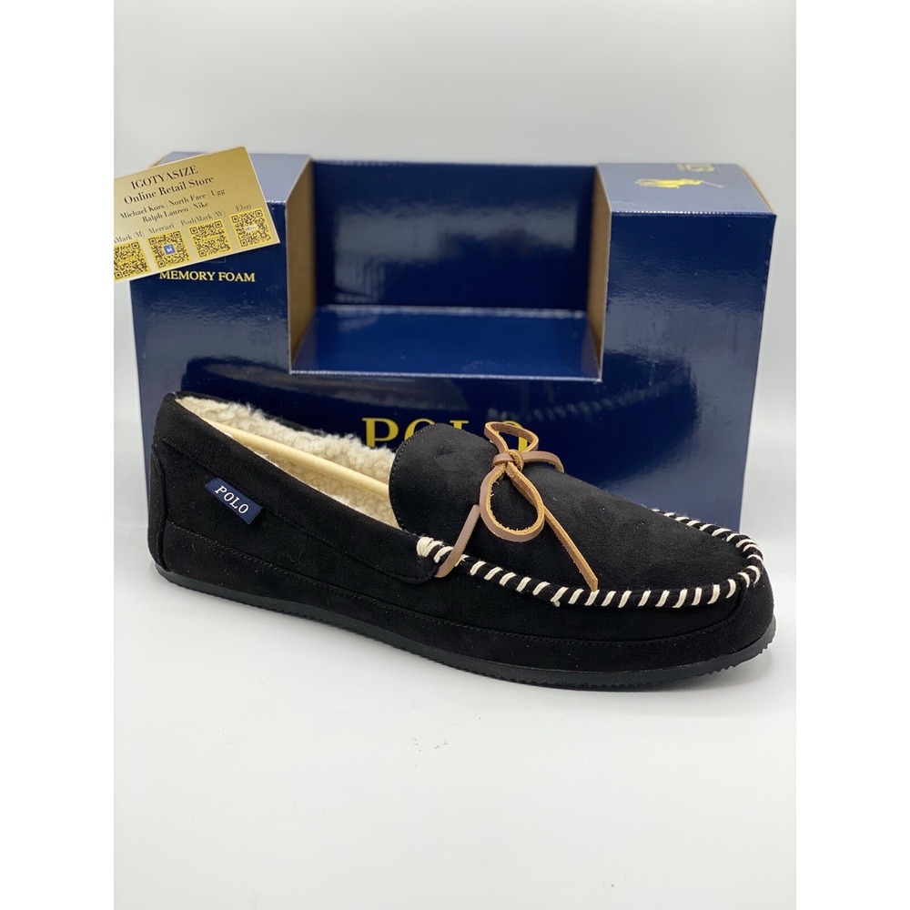 Polo Ralph Lauren Dezi Bear Slippers Size 9 Black Moccasin Faux Fur Lined